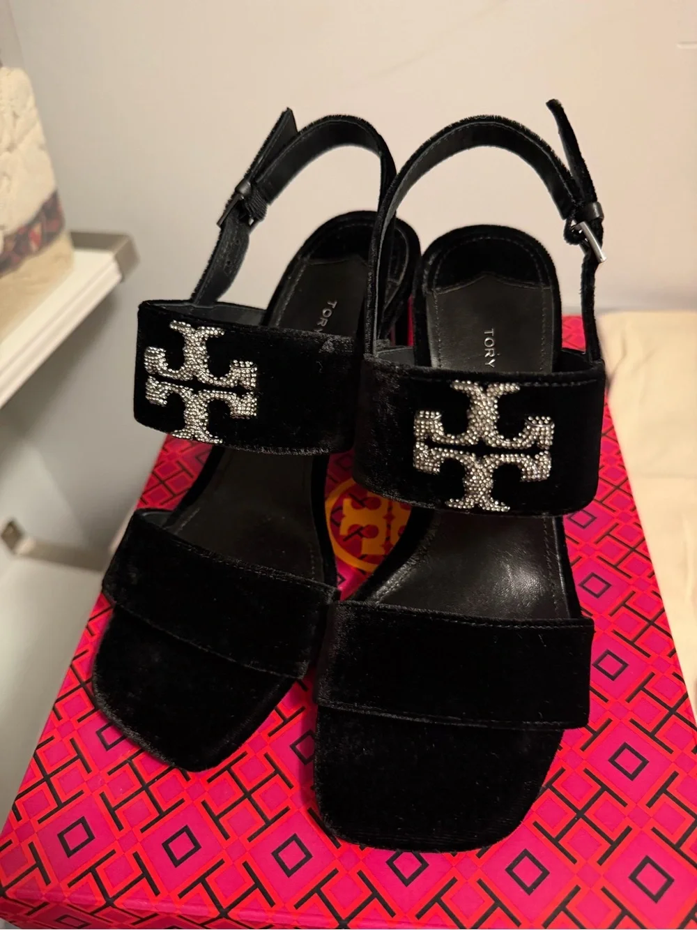 Tory Burch Black Velvet Sandals with Crystal Logo